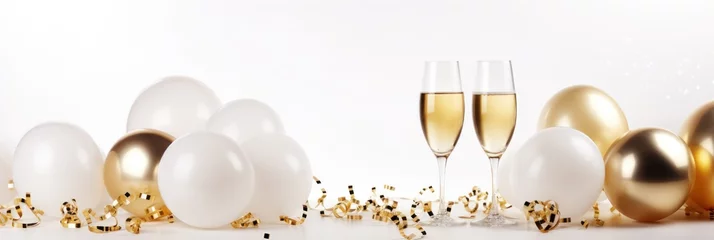 Foto op Aluminium Glam New Years Eve celebration white and gold background with balloons, disco balls, confetti and champagne glasses with copy space © radekcho