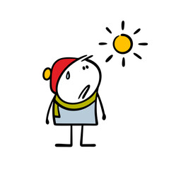 Boy in warm winter clothes looks at the hot sun and suffers from heat. Vector illustration of stickman dressed incorrectly for good weather. Drop of sweat on his face.