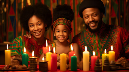 African family celebrating Kwanzaa with traditional candles. - Powered by Adobe