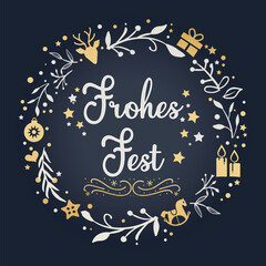Fototapeta premium Frohes Fest - Weihnachtsgrüße mit weihnachtlich geschmücktem Kranz - Vektor Illustration mit deutschem Text auf schwarzem Hintergrund