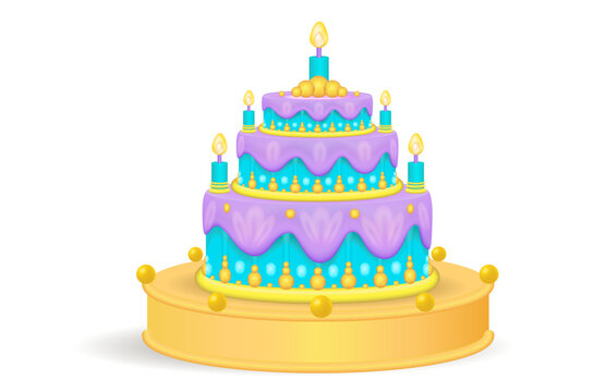 Children's birthday cake with icing and candles.
Vector illustration of a 3d icon. Birthday cake, badge.