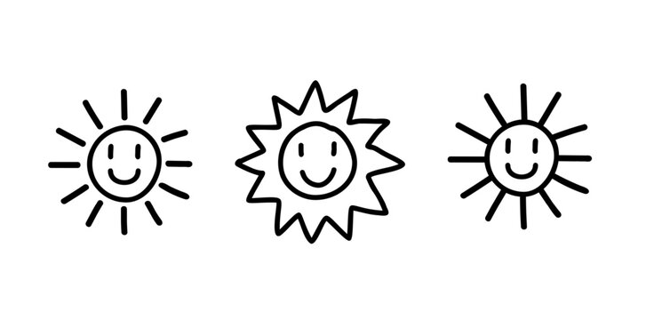 Hand drawn happy sun icons set. Vector black line doodles isolated on white background.