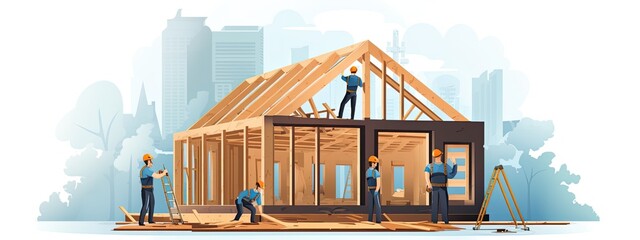 The construction site of the house, the walls of the house and the roof structure. Workers are building a building frame out of wood - obrazy, fototapety, plakaty