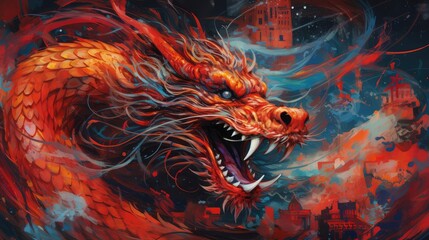 Asian dragon symbol of the new year 2024, graffiti style art. Generative AI - obrazy, fototapety, plakaty