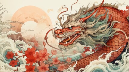 Traditional east asian dragon symbol of new year. Generative AI - obrazy, fototapety, plakaty