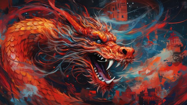 Asian dragon symbol of the new year 2024, graffiti style art. Generative AI