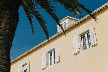 Fototapeta na wymiar Building with white shutters and palm tree in Supetar, Croatia. Blue sky on a background.