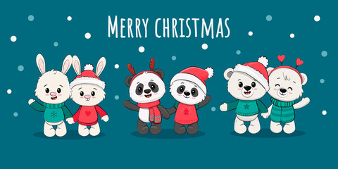 Cute cartoon animals isolated on blue. Christmas Illustration for design, banners, children's books and patterns. Polar Bear, rabbit, cute bunny, panda couple.