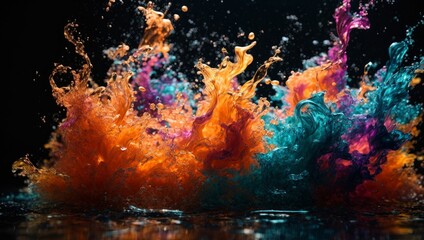 Colorful liquid splashes on a black background, creates a dynamic and fluid effect. In movement it transmits energy, impact. The contrast capturing the creativity and chaos of an explosion of color. - obrazy, fototapety, plakaty