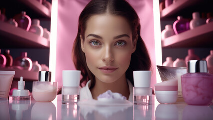 A woman showcasing skincare and makeup products in a commercial advertisement.