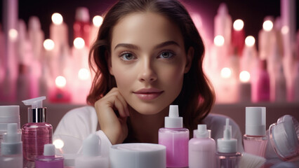 A woman showcasing skincare and makeup products in a commercial advertisement.