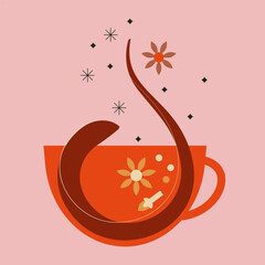 Spicy and healthy warm winter drink. Splashes and spices in mug. Cup of tea, coffee, cocoa, chocolate or mulled wine with star anise and clove. Drink lover concept. Abstract vector illustration.