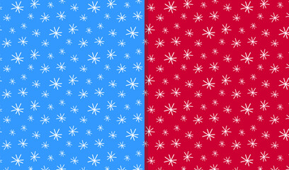 set of vector seamless patterns with snowflakes. red and blue christmas pattern in sketch doodle style. new year simple pattern with snow. cute winter pattern