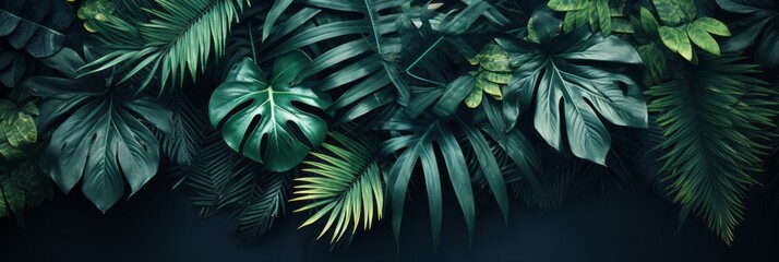 Serene and captivating low light green tropical forest background with an abundance of nature leaves