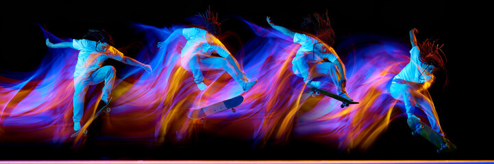 Banner. Set of portrait of man skateboarder performing freestyle tricks with neon motion blur isolated black background. Concept of youth culture.