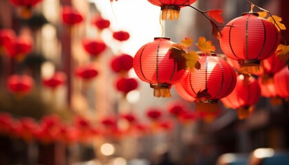 Fototapeta na wymiar Vibrant chinese new year street with bustling atmosphere and beautifully adorned red lanterns
