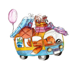 watercolor illustration fun mini bus trevel with trevel luggage,air mattress,ball,bag,umbrella,shoes and fox toy,printable,logo,badge