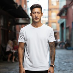 Fototapeta premium Handsome asian male wearing blank empty t-shirt