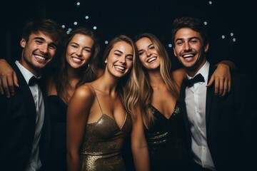 Fototapeta premium A company of happy young people in evening dresses and suits, smiling posing for camera. Party, graduation for students. Celebrating the new year.