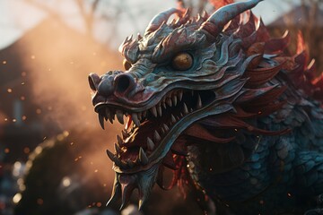 Vibrant chinese dragon puppet in crowded street, capturing festive parade energy and motion.