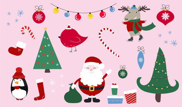 big set of christmas elements. vector illustration of christmas characters and items isolated on pink background. new year holiday winter set with santa, penguin, reindeer, christmas tree, stocking
