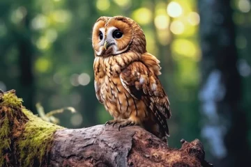 Poster A tawny owl perched on stone in nature forest. © tong2530