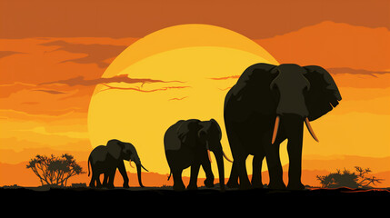 Fototapeta na wymiar Ilustración de elefantes al amanecer 