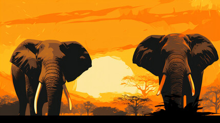 Ilustración de elefantes al amanecer 