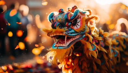 Colorful float of chinese mythological character in chinese new year street procession