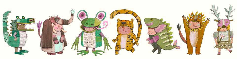 Kids playing as animals. wildlife charector illustration. chidren art.
