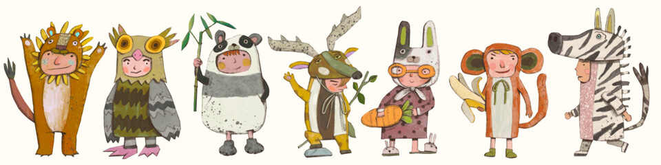 Kids playing as animals. wildlife charector illustration. chidren art.