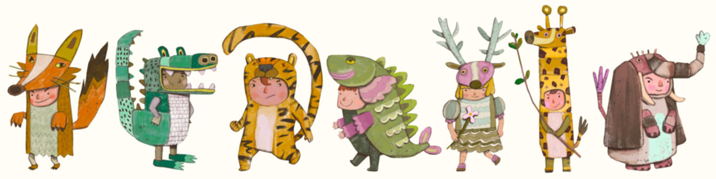 Kids playing as animals. wildlife charector illustration. chidren art.