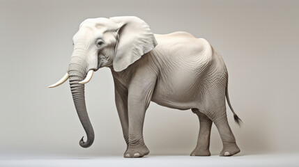 studio shot capturing the strength and beauty of a regal white albino elephant in motion, set against a clean white background, creating a dynamic and visually striking backdrop for presentations