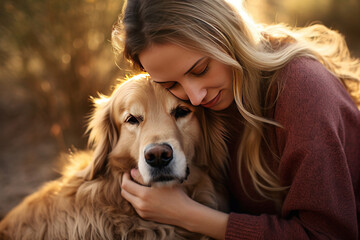 A young woman hugging golden retriever. Dog and woman comforting a distressed friend together.