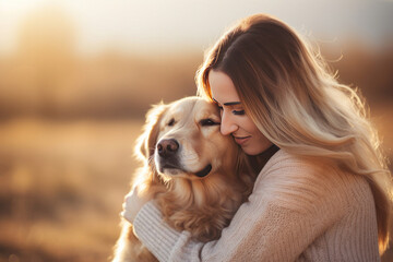 A young woman hugging golden retriever. Dog and woman comforting a distressed friend together.