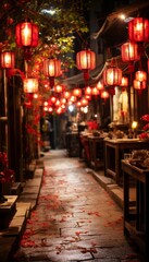 Enchanting chinese new year garden with illuminated lanterns, evoking wonder and enchantment.