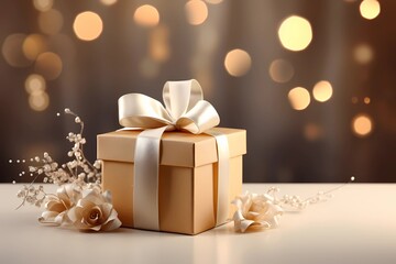 Fototapeta na wymiar Golden gift box with a bow, wrapped in ribbons of love. Shining single gold box of surprises in the warm glow of a cozy home, perfect for christmas or luxury festive moments background. Generative AI
