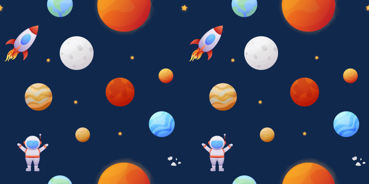 seamless pattern with cartoon space rockets, planets, stars, astronaut. vector illustration of wallpaper, packaging, banner, wrapper