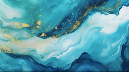 Beautiful Teal and Blue Paint Swirls with Gold Glitter marble texture. generative AI.