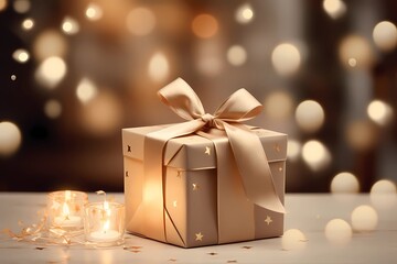 Golden gift box with a bow, wrapped in ribbons of love. Shining single gold box of surprises in the warm glow of a cozy home, perfect for christmas or luxury festive moments background. Generative AI