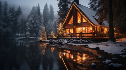 Fototapeta premium Cottage in a winter forest in cabincore style