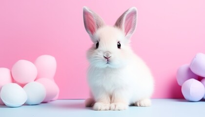 Adorable fluffy bunny rabbit posing on a striking solid color backdrop in a professional studio shot