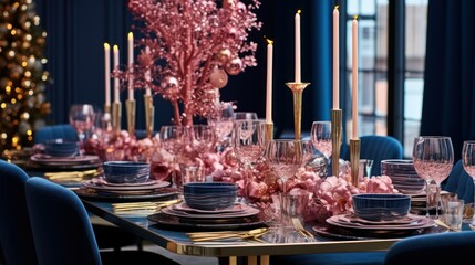 decoration table decoration for Christmas in soft pink and dark blue tones with New Year's balls, plates in a modern interior