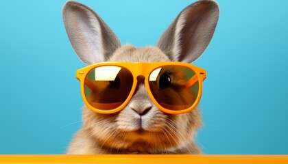 Cute white bunny wearing sunglasses on vibrant background   studio shot with copy space