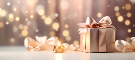 Obraz na płótnie Canvas Golden gift box with a bow, wrapped in ribbons of love. Shining single gold box of surprises in the warm glow of a cozy home, perfect for christmas or luxury festive moments background. Generative AI