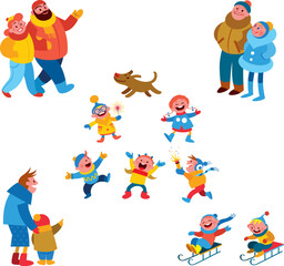 Winter people. Group of cartoon characters dressed in winter clothes, children playing in snow, outdoor activities.