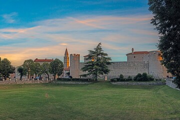 View over the tournament grounds in front of the medieval castle of the Istrian village of...