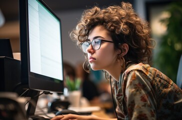 Young woman with student glasses is bored in front of the computer.