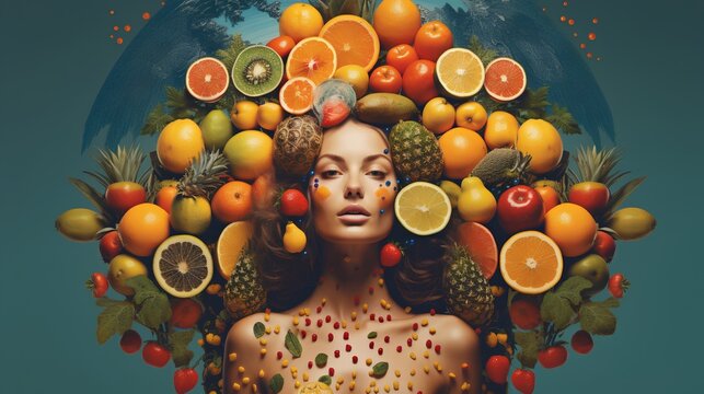 A serene woman surrounded by a vibrant array of fresh fruits artistically arranged to represent a halo, symbolizing a holistic approach to health and wellbeing.