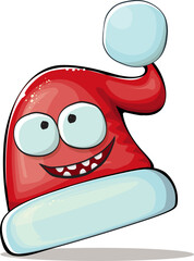 Vector cartoon Santa Claus red hat character with smile face isolated on white background. Childrens Merry Christmas greeting card with funny monster Santa hat. Santa red hat with sunglasses